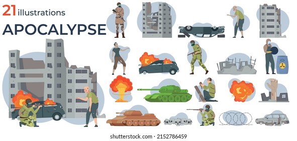Flat icons apocaliptic set with armored people and atomic explosions isolated vector illustration