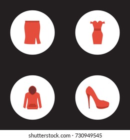Flat Icons Apparel, Heeled Shoe, Sweatshirt And Other Vector Elements. Set Of Garment Flat Icons Symbols Also Includes Evening, Pullover, Skirt Objects.