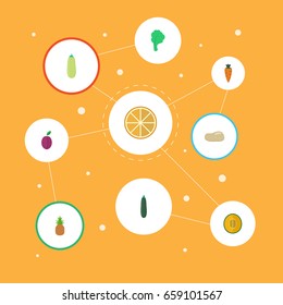 Flat Icons Apricot, Pumpkin, Root And Other Vector Elements. Set Of Fruit Flat Icons Symbols Also Includes Ananas, Plum, Eat Objects.