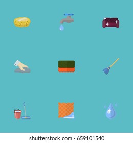 Flat Icons Aqua, Besom, Sofa And Other Vector Elements. Set Of Hygiene Flat Icons Symbols Also Includes Bucket, Clean, Whisk Objects.