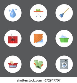 Flat Icons Aqua, Housekeeping, Clothes Washing And Other Vector Elements. Set Of Cleaning Flat Icons Symbols Also Includes Cloth, Laundry, Whisk Objects.