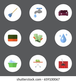 Flat Icons Aqua, Housekeeping, Wisp And Other Vector Elements. Set Of Cleaning Flat Icons Symbols Also Includes Sponge, Cleaning, Gauntlet Objects.