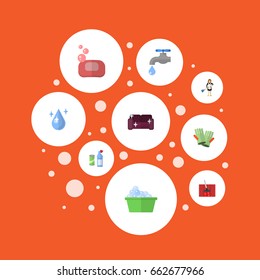 Flat Icons Aqua, Housewife, Sofa And Other Vector Elements. Set Of Cleaning Flat Icons Symbols Also Includes Soap, Gloves, Woman Objects.