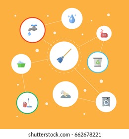 Flat Icons Aqua, Laundromat, Foam And Other Vector Elements. Set Of Cleaning Flat Icons Symbols Also Includes Faucet, Washing, Bin Objects.