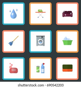 Flat Icons Aqua, Laundry, Sofa And Other Vector Elements. Set Of Hygiene Flat Icons Symbols Also Includes Whisk, Sponge, Drop Objects.