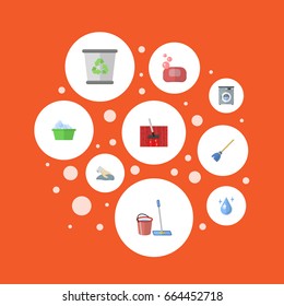 Flat Icons Aqua, Mopping, Garbage Container And Other Vector Elements. Set Of Hygiene Flat Icons Symbols Also Includes Washcloth, Trash, Broom Objects.