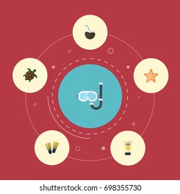 Flat Icons Aqualung, Anti-Sun Cream, Sea Star And Other Vector Elements. Set Of Summer Flat Icons Symbols Also Includes Mask, Star, Aqualung Objects.