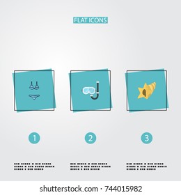 Flat Icons Aqualung, Beachwear, Shell And Other Vector Elements. Set Of Beach Flat Icons Symbols Also Includes Bikini, Beachwear, Shell Objects.