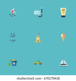 Flat Icons Aqualung, Sailboard, Car And Other Vector Elements. Set Of Beach Flat Icons Symbols Also Includes Shovel, Diving, Toy Objects.