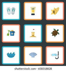 Flat Icons Aqualung, Sea, Anti-Sun Cream And Other Vector Elements. Set Of Season Flat Icons Symbols Also Includes Turtle, Castle, Sunscreen Objects.