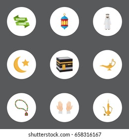 Flat Icons Arabian, Bead, Pitcher And Other Vector Elements. Set Of Religion Flat Icons Symbols Also Includes Oriental, Star, Oil Objects.