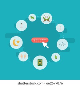 Flat Icons Arabian, New Lunar, Malay And Other Vector Elements. Set Of Religion Flat Icons Symbols Also Includes Ramadan, Kareem, Palm Objects.