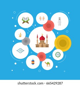 Flat Icons Arabic Calligraphy, Arabian, Dromedary And Other Vector Elements. Set Of Ramadan Flat Icons Symbols Also Includes Pitcher, Calligraphy, Building Objects.