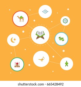 Flat Icons Arabic Calligraphy, Decorative, Ramadan Kareem And Other Vector Elements. Set Of Religion Flat Icons Symbols Also Includes Star, Ketupat, Ramadan Objects.