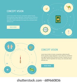 Flat Icons Arabic Calligraphy, Decorative, New Lunar And Other Vector Elements. Set Of Religion Flat Icons Symbols Also Includes Dromedary, Male, Calligraphy Objects.
