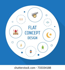 Flat Icons Arabic Calligraphy, Malay, New Lunar And Other Vector Elements. Set Of Ramadan Flat Icons Symbols Also Includes Oriental, Calligraphy, Ramadan Objects.