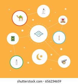 Flat Icons Arabic Calligraphy, New Lunar, Artillery And Other Vector Elements. Set Of Ramadan Flat Icons Symbols Also Includes Praying, Calligraphy, Minaret Objects.