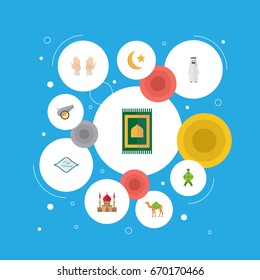 Flat Icons Arabic Calligraphy, New Lunar, Prayer Carpet And Other Vector Elements. Set Of Holiday Flat Icons Symbols Also Includes Hari, Minaret, Dromedary Objects.