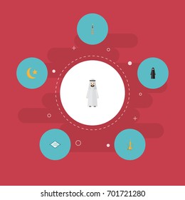 Flat Icons Arabic Calligraphy, Pitcher, Muslim Woman And Other Vector Elements. Set Of Holiday Flat Icons Symbols Also Includes Oriental, Pitcher, Mubarak Objects.