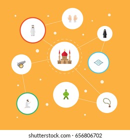 Flat Icons Arabic Calligraphy, Praying Man, Arabian And Other Vector Elements. Set Of Holiday Flat Icons Symbols Also Includes Hari, Islam, Praying Objects.