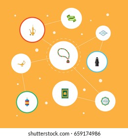Flat Icons Arabic Calligraphy, Ramadan Kareem, Genie And Other Vector Elements. Set Of Holiday Flat Icons Symbols Also Includes Ramadan, Decorative, Prayer Objects.