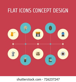 Flat Icons Arabica Bean, Coffeemaker, Saucer And Other Vector Elements. Set Of Drink Flat Icons Symbols Also Includes Timber, Maker, Instant Objects.