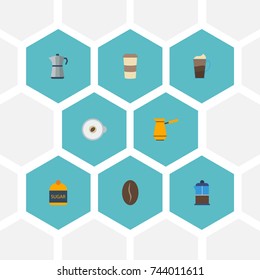 Flat Icons Arabica Bean, French Press, Ibrik And Other Vector Elements. Set Of Coffee Flat Icons Symbols Also Includes Package, Espresso, Latte Objects.