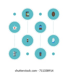 Flat Icons Arabica Bean, Mocha, French Press And Other Vector Elements. Set Of Drink Flat Icons Symbols Also Includes Dairy, Coffee, Arabica Objects.