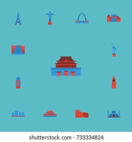 Flat Icons Architecture, Waterfall, Paris And Other Vector Elements. Set Of Landmarks Flat Icons Symbols Also Includes Country, Statue, Colosseum Objects.