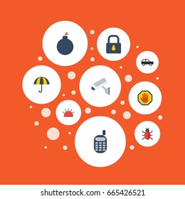 Flat Icons Armored Car, Camera, Walkie-Talkie And Other Vector Elements. Set Of Procuring Flat Icons Symbols Also Includes Padlock, Supervision, Suv Objects.