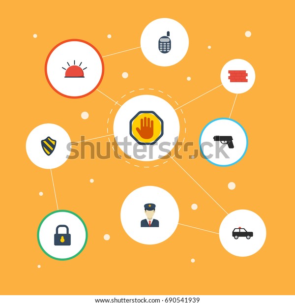 Flat Icons Armored Car, Gun, Brick Wall And\
Other Vector Elements. Set Of Safety Flat Icons Symbols Also\
Includes Policeman, Safe, Guard\
Objects.