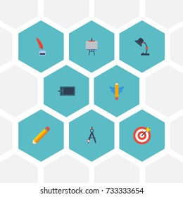 Flat Icons Arrow, Compass, Gadget And Other Vector Elements. Set Of Creative Flat Icons Symbols Also Includes Pen, Inkwell, Compass Objects.