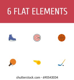 Flat Icons Arrow, Puck, Basket And Other Vector Elements. Set Of Fitness Flat Icons Symbols Also Includes Whistle, Start, Darts Objects.