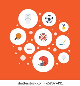 Flat Icons Arrow, Puck, Reward And Other Vector Elements. Set Of Sport Flat Icons Symbols Also Includes Field, Darts, Arrow Objects.