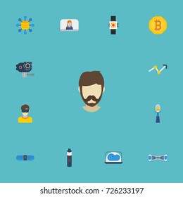 Flat Icons Arrow, Stick, Bluetooth Speaker And Other Vector Elements. Set Of Trend Flat Icons Symbols Also Includes Watch, Bluetooth, Beard Objects.