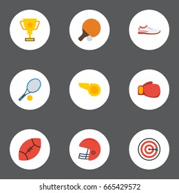 Flat Icons Arrow, Trophy, Blower And Other Vector Elements. Set Of Sport Flat Icons Symbols Also Includes Rugby, Start, Rocket Objects.
