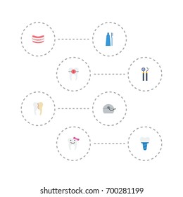 Flat Icons Artificial Teeth, Brace, Toothbrush And Other Vector Elements. Set Of Tooth Flat Icons Symbols Also Includes Dentist, Dental, Implantation Objects.