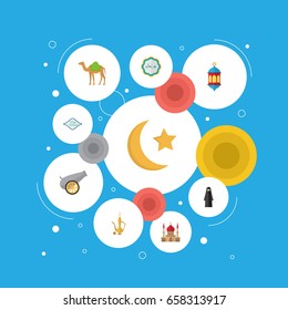 Flat Icons Artillery, Arabic Calligraphy, Islamic Lamp And Other Vector Elements. Set Of Ramadan Flat Icons Symbols Also Includes Lantern, Arabian, Pitcher Objects.
