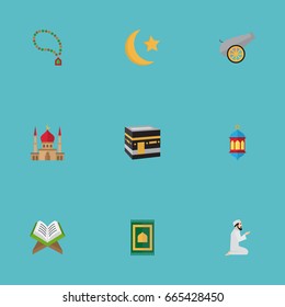 Flat Icons Artillery, Praying Man, Bead And Other Vector Elements. Set Of Religion Flat Icons Symbols Also Includes Mecca, Mekkah, Holy Objects.