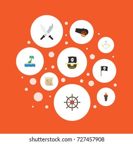 Flat Icons Artillery, Sword, Flame And Other Vector Elements. Set Of Pirate Flat Icons Symbols Also Includes Treasure, Pirate, Sabre Objects.