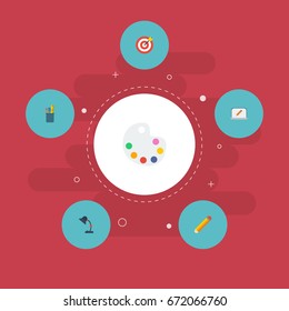 Flat Icons Artist, Illuminator, Screen And Other Vector Elements. Set Of Original Flat Icons Symbols Also Includes Pencil, Pen, Color Objects.