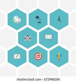 Flat Icons Artist, Science, Wings And Other Vector Elements. Set Of Original Flat Icons Symbols Also Includes Knowledge, Book, Camera Objects.