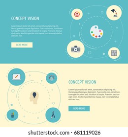 Flat Icons Artist, Screen, Illuminator And Other Vector Elements. Set Of Creative Flat Icons Symbols Also Includes Scheme, Concept, Compass Objects.