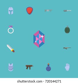 Flat Icons Assault Rifle, Gem, Warrior And Other Vector Elements. Set Of Gaming Flat Icons Symbols Also Includes Grenade, Bulletproof, Crystal Objects.