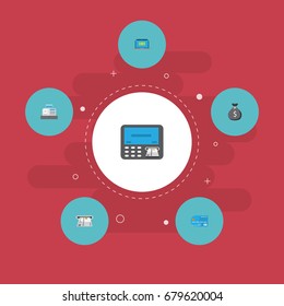 Flat Icons Atm, Teller Machine, Finance Sack And Other Vector Elements. Set Of Banking Flat Icons Symbols Also Includes Cash, Sack, Register Objects.