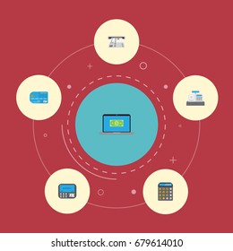 Flat Icons Atm, Till, Accounting And Other Vector Elements. Set Of Finance Flat Icons Symbols Also Includes Cash, Computer, Atm Objects.