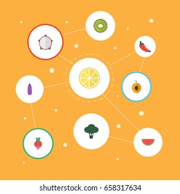 Flat Icons Aubergine, Melon Slice, Nectarine And Other Vector Elements. Set Of  Flat Icons Symbols Also Includes Apricot, Watermelon, Radish Objects.