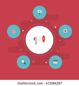Flat Icons Audience, Market, Megaphone And Other Vector Elements. Set Of Advertising Flat Icons Symbols Also Includes Award, Awareness, Dartboard Objects.