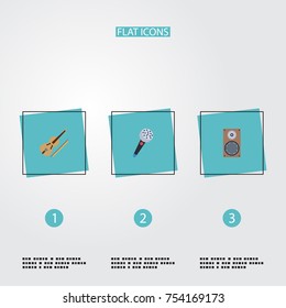 Flat Icons Audio Box, Fiddle, Karaoke And Other Vector Elements. Set Of Studio Flat Icons Symbols Also Includes Karaoke, Violin, Orchestra Objects.