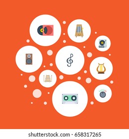 Flat Icons Audio Box, Lyre, Knob And Other Vector Elements. Set Of Music Flat Icons Symbols Also Includes Music, Harp, Vinyl Objects.
